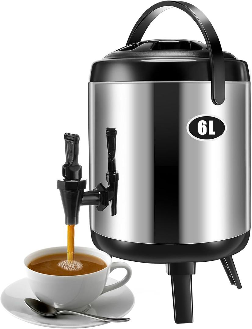 Insulated Drink Dispenser Stainless Steel Hot Water Beverage Dispenser Coffee Urns Hot and Cold Drink Holder with Pump Spigot for Party Tea, Milk, Water(1.59 Gallon/ 6 L)