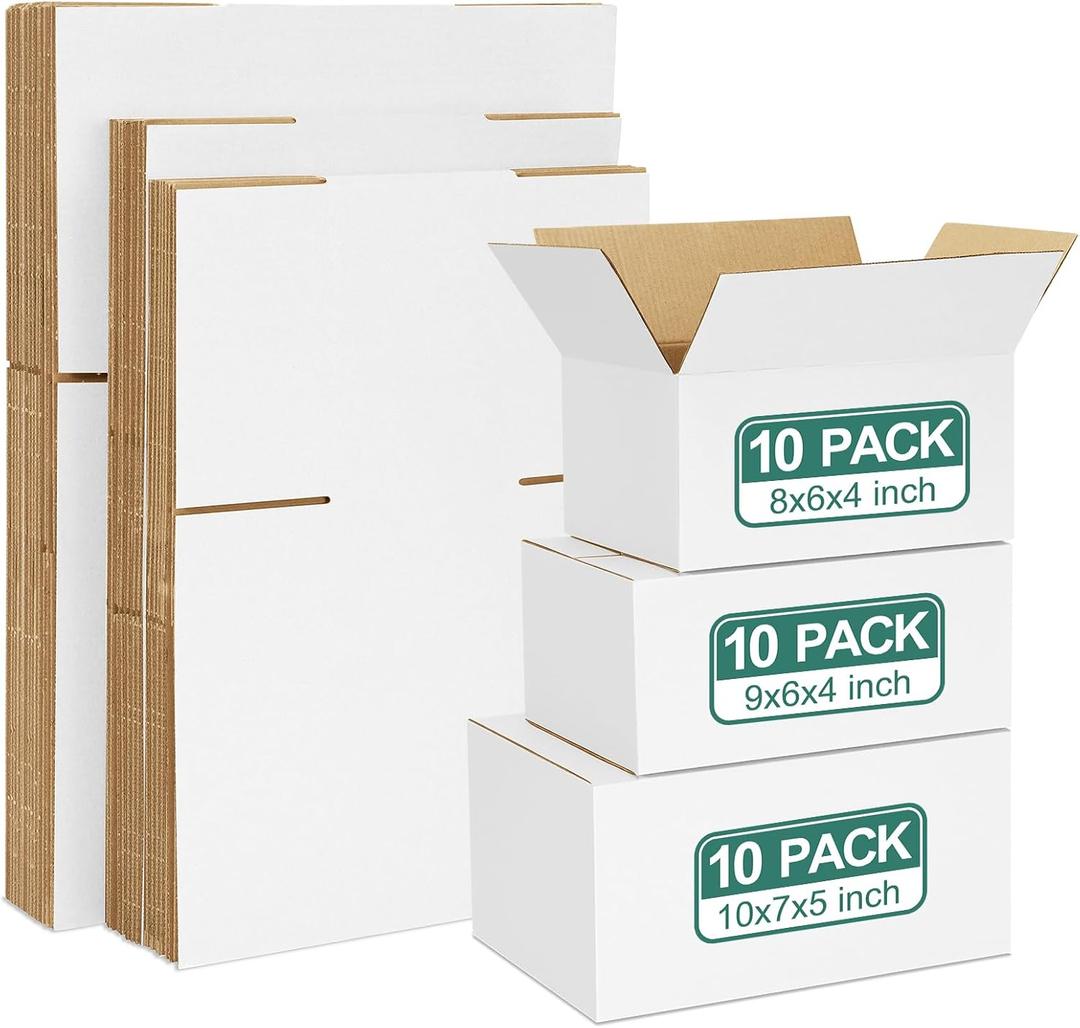 Eupako 30 Pack Small Shipping Boxes Assorted Sizes, 8x6x4 & 9x6x4 & 10x7x5 10 PCS Each Small Boxes, White Corrugated Box Mailers, Cardboard Boxes for Packaging Small Business, Mailing
