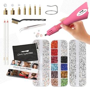 Hotfix Applicator, Bedazzler Kit with Rhinestones, DIY Wand Setter Tool Kit with 7 Different Tip Sizes, Tweezers, Cleaning Brush, User Manual, and 4400 Rhinestones. (Pink)