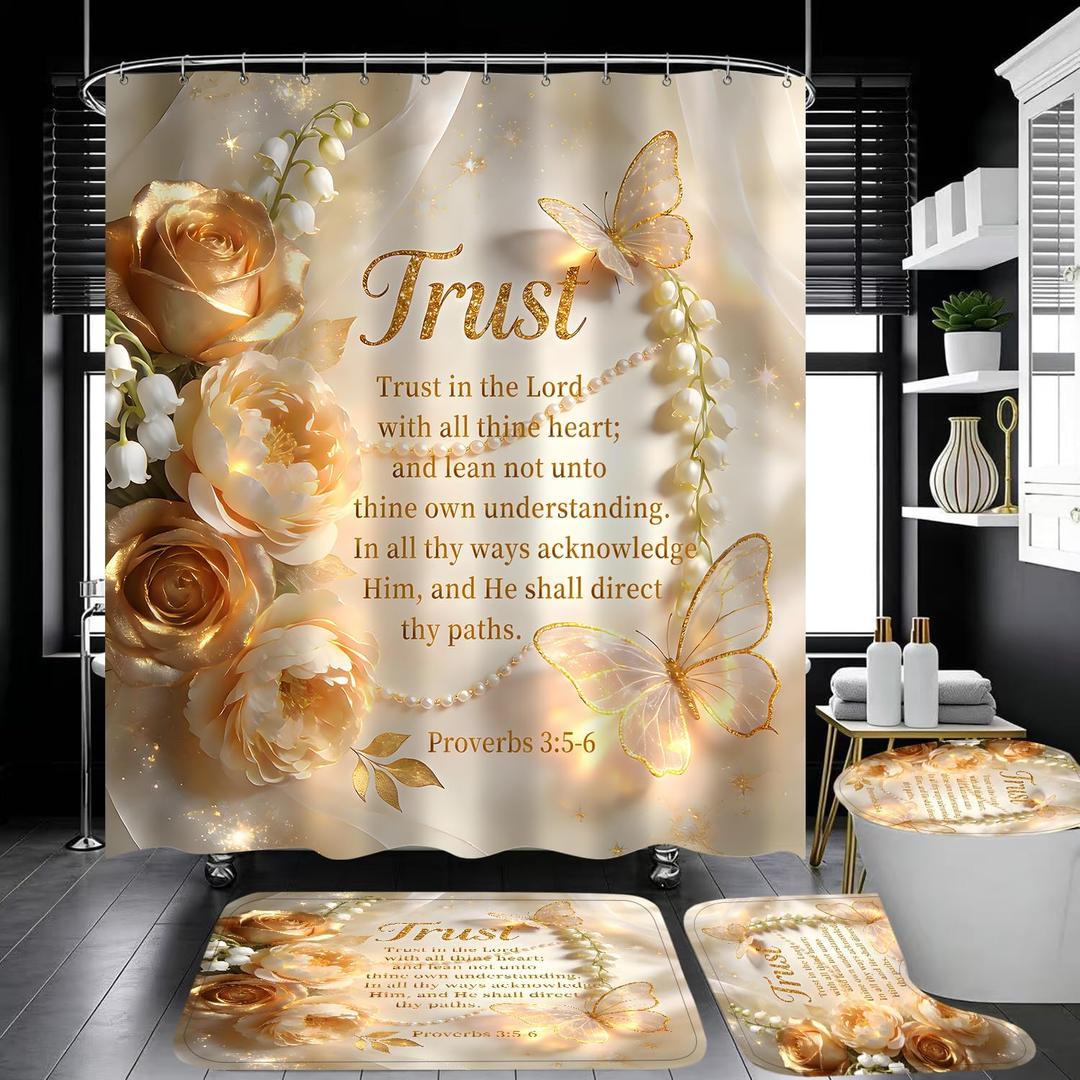 4 Piece Inspirational Quotes Shower Curtain Set with Rugs, Elegant Champagne Gold Floral Butterfly Bathroom Decor, Waterproof Fabric Bath Curtain with Non-Slip Bath Mat, U-Shape Rug & Toilet Lid Cover