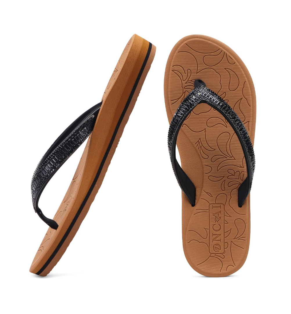 ONCAI Women's Flip Flops with Rhinestone, Arch Support Yoga Mat Comfort Walking Summer Beach Thong Sandals with Plantar Fasciitis Rubber Soles US Size 5-11