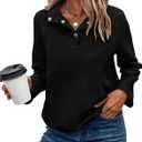 KIRUNDO Womens Sweatshirt Casual Textured Long Sleeve Henley Button V Neck Loose Pullover 2025 Trendy Fall Outfits Tops(Black, Small) (Black, S)