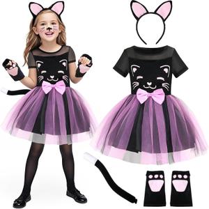 SVMK Girls Cat Costume Kids Toddler Kitty Dress Costumes Accessories Cat Ears Headband Gloves Tail Halloween Dress Up Cosplay (130)