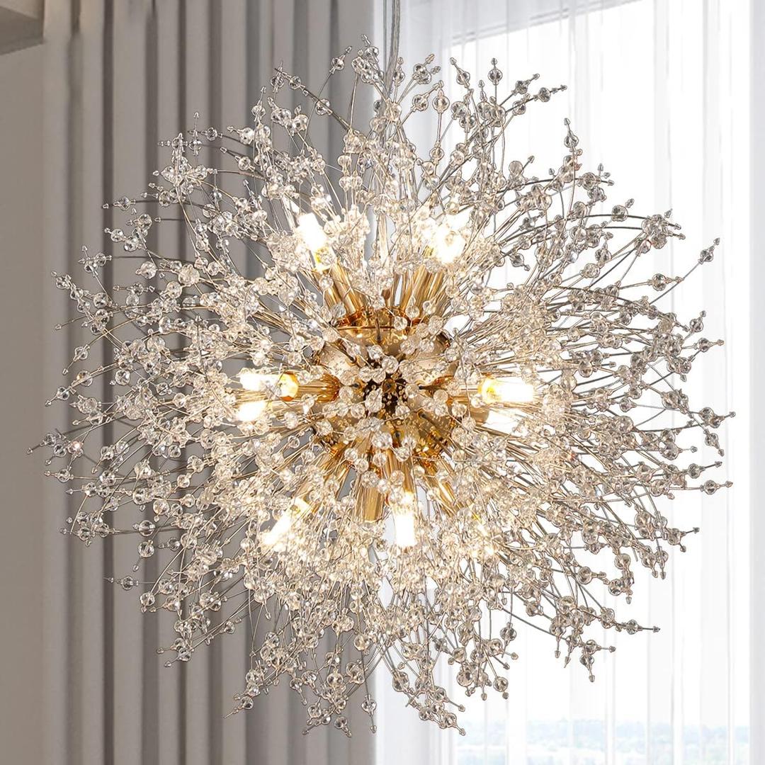 Sputnik Farmhouse Chandelier, Modern Dandelion Pendant Lamp, Round Gold Hanging Light Fixtures Ceiling for Kitchen Island Dining Room Living Room Bedroom (D21.65 12Lights, Gold Finish)