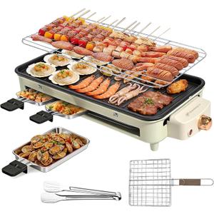 1500W Smokeless Electric Indoor Grill, 3 in 1 Korean Barbecue Grill with Net & Non-Stick Removable Plate and Magnet Strip, Temperature Control & Dishwasher Safe, Smokeless Korean BBQ for Kitchen Party