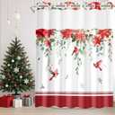 No Hook Christmas Shower Curtain with Snap in Fabric Liner Set, Red and White Poinsettias Berries Cardinals Holiday Double Layers Waterproof with See Through Top Window Bath Curtain 71x74 Inch