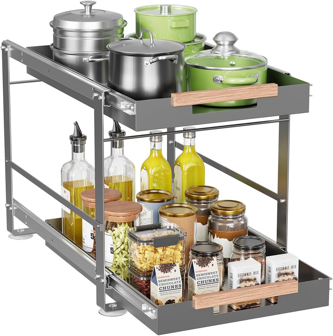 Under Sink Organizer, Pull Out Cabinet Organizer 2 Tier Slide Out Sink Shelf Cabinet Storage Metal Shelves, Sliding Under Sink Storage for Kitchen Bathroom Laundry Cabinet, Grey, 1 Pack (Gray)