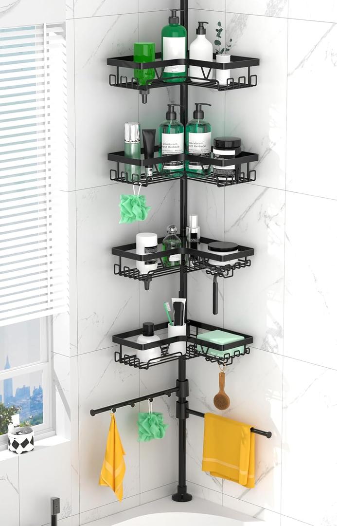 DAOYA Shower Caddy Tension Pole Corner with 4 Removable Baskets & 2 Towel Bar - Expandable Shower Caddy Corner Adjustable 25-114.2 Inches Upgraded Bath Organizer for Tub(Stainless Steel, Black)