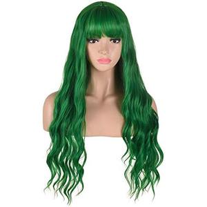 AMZCOS Long Wavy Green Wig with Bangs | Heat Resistant Synthetic Hair Wigs for Women Halloween Costume Cosplay Party