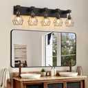 Farmhouse Bathroom Vanity Light Fixtures, 5-Light Wood Bathroom Light Fixtures Over Mirror, Rustic Sconces Wall Lighting with Elegant Metal Lampshade for Living Room, Bedroom, Hallway
