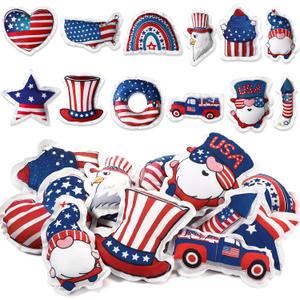Oudain 24 Pcs Large 5 Inch Patriotic Star Tree Ornaments Stuffed Fabric Star 4th of July Memorial Day American Flag Decor Vase Filler Ornaments for Independence Day, Red White and Blue (Bright)