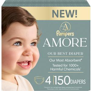 Pampers Amore, Size 4 (15-34 lbs), 150 Count, Our Best Diaper Hypoallergenic & Fragrance Free, Up to 100% Leakproof, Soft as Cashmere