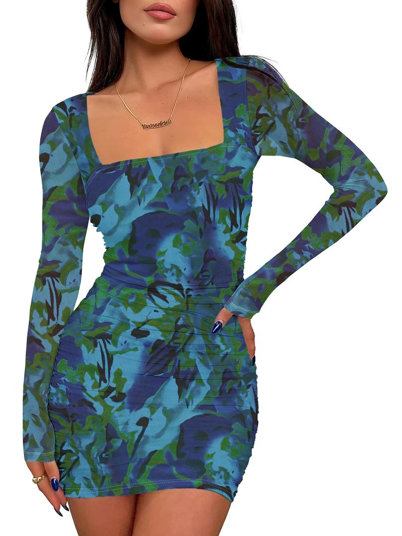 Prinbara Womens Mesh Long Sleeve Square Neck Ruched Mini Dress Sexy Bodycon Elegant Cocktail Evening Club Party Short Dresses Floral Deep Green X-Small