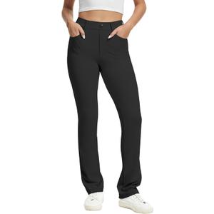 VIMPEP Womens Stretchy Yoga Dress Pants High Rise Straight Leg with Pockets Casual Petite/Regular 1202 (X-Small, Black)