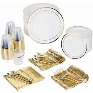 Prestee 600-Piece Disposable Party Dinnerware Set for 100 Guests - Gold Silverware Disposable with Plates, Cups, Knives, Forks, Spoons - Elegant Utensils for Wedding, Reception and Events Supplies