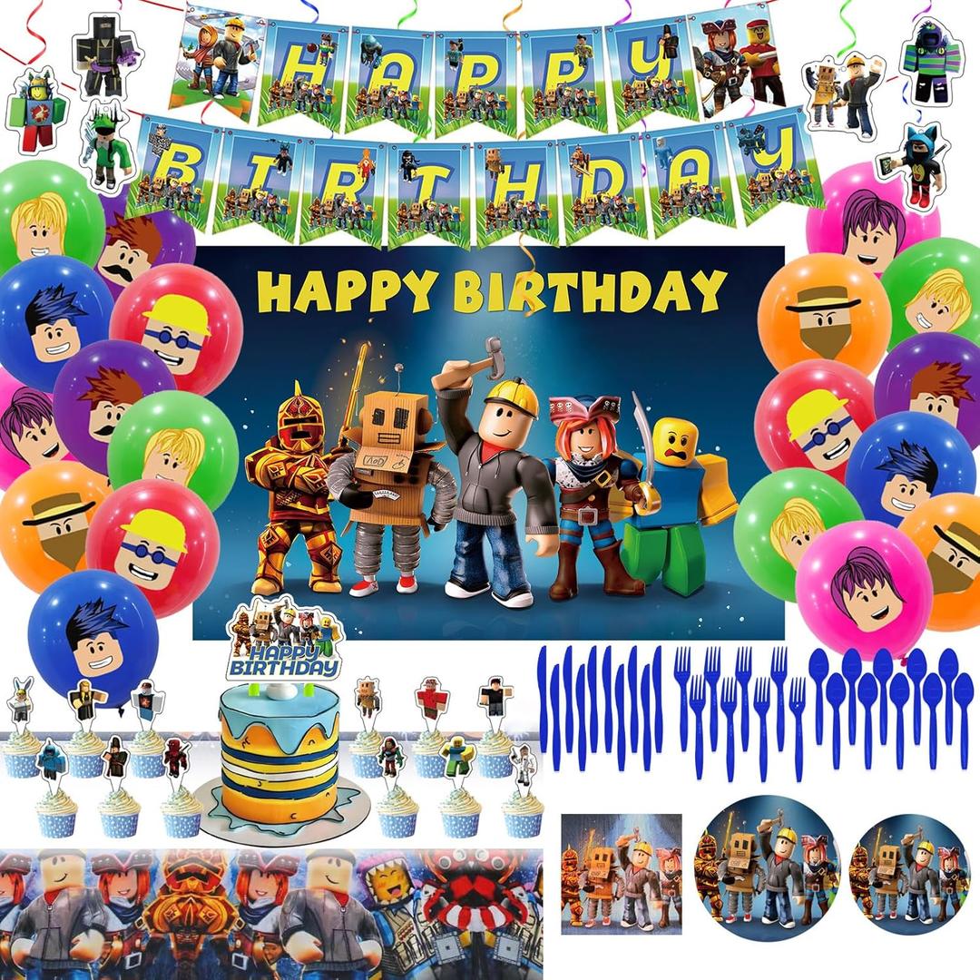 Birthday Party Decorations - Theme children's Party Supplies Included Banner, Tablecloth, Backdrop, Cake Decoration, Hanging Swirls, Tableware, Plates, Napkins, Cupcake Toppers, Latex Balloons