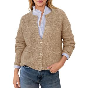 Saodimallsu Women's Chunky Knit Cardigan Button Down Crewneck Long Sleeve Cropped Sweater with Pockets (L)