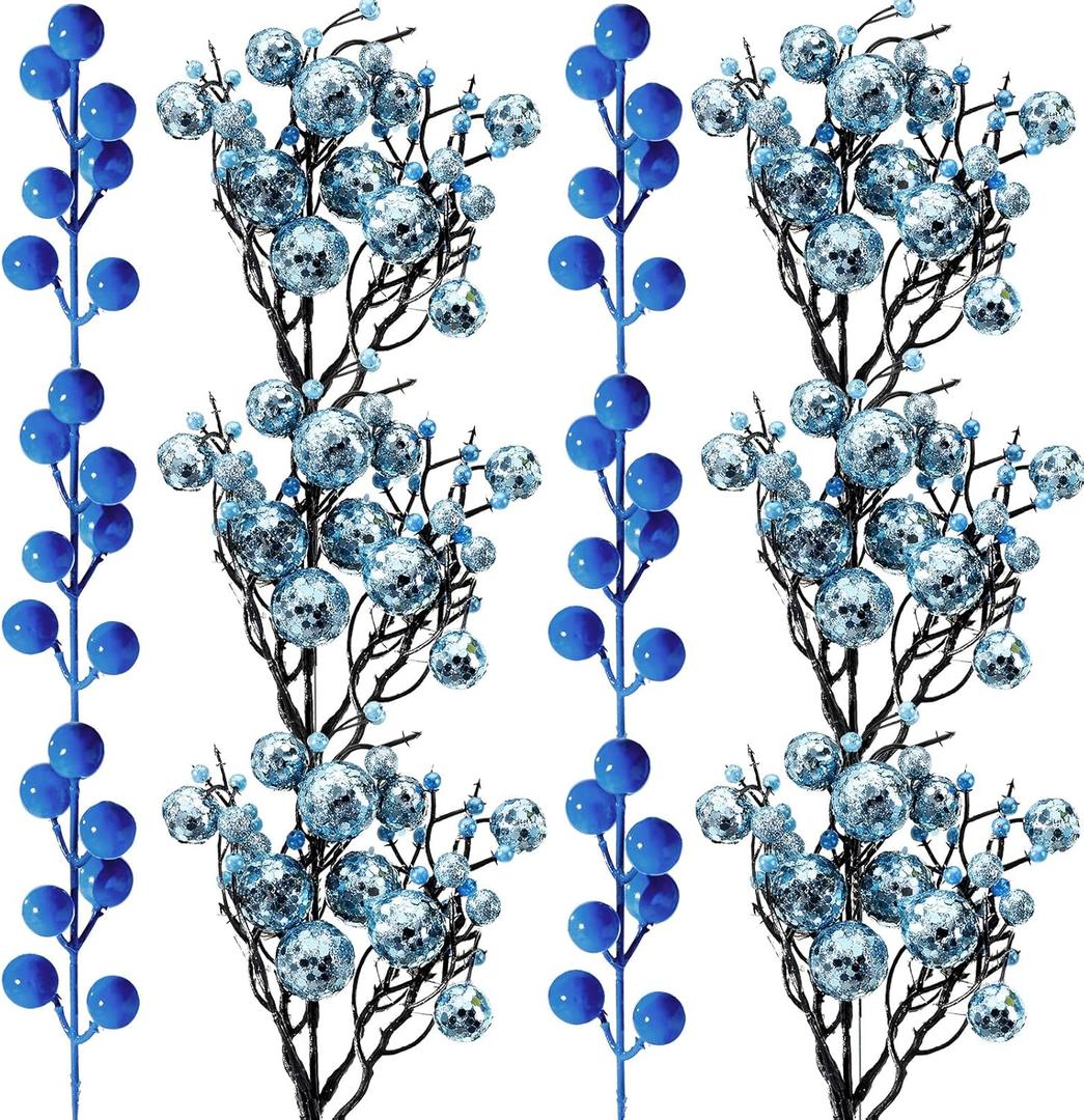 Syhood 20 Pack Christmas Glitter Berries Stems for Christmas Tree 11.8 Inch Artificial Tree Berry Picks Branches Decoration Ornaments for Xmas DIY Wreaths Crafts Holiday Decor (Blue)