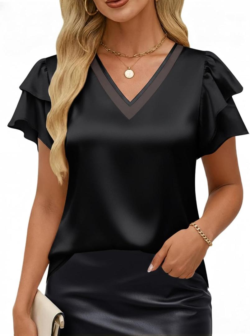 VIMPUNEC Womens Blouses Dressy Casual Ruffle Short Sleeve Shirts Summer Business Work Tops (Black, M)