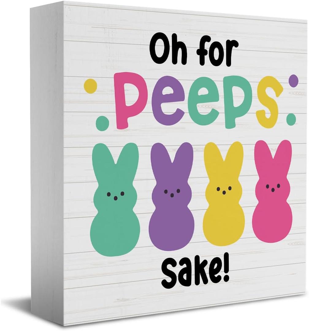 HTBIG Funny Easter Bunny Decor Desk Decor Wooden Box Sign Easter Decorations Gift Wood Block Plaque Box Sign for Home Farmhouse Kitchen Bathroom Shelf Table Decoration Oh for Peeps Shake