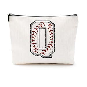 Baseball Gifts Initial Makeup Bag Monogrammed Cosmetic Bag Letter Q Zipper Pouch Baseball Accessories for Girls Women Baseball Player Coach Friend Baseball Stuff Graduation Birthday Gifts