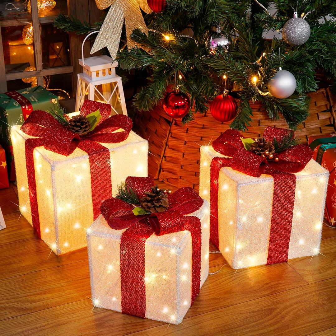 8.5"-7.5"-6.5" Set of 3 Christmas Lighted Gift Boxes, 60 LED Light Up Present Boxes for Christmas Decorations Indoor Outdoor Yard Xmas Tree Holiday Party Lawn Porch Home(Max. 8.5")