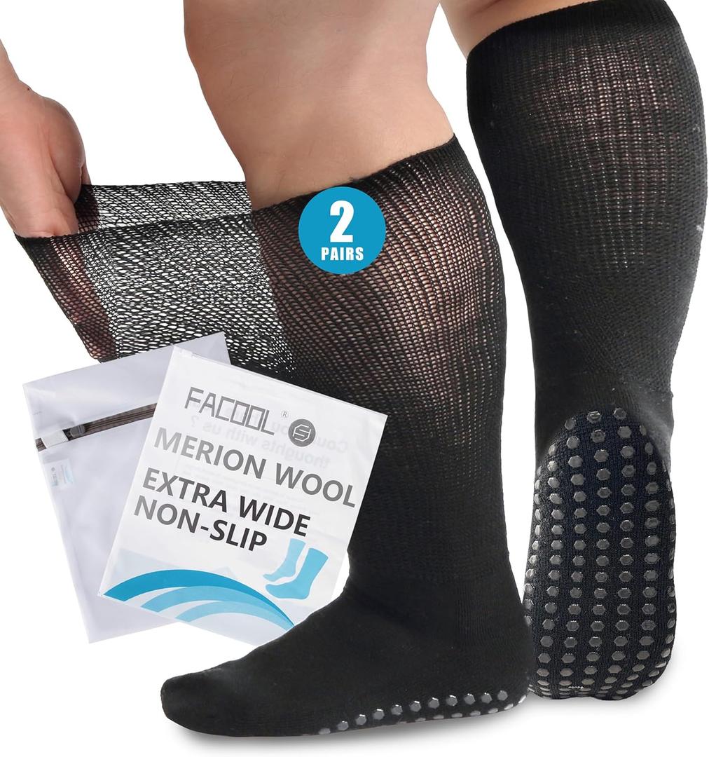 Facool 2 Pairs Merino Wool Diabetic Socks for Men & Women, Extra Wide Non-Binding Top & Non-Slip Grippers, Loose Fit Slipper Socks for Swollen Feet, Edema, Neuropathy & Bariatric, Black X-Large