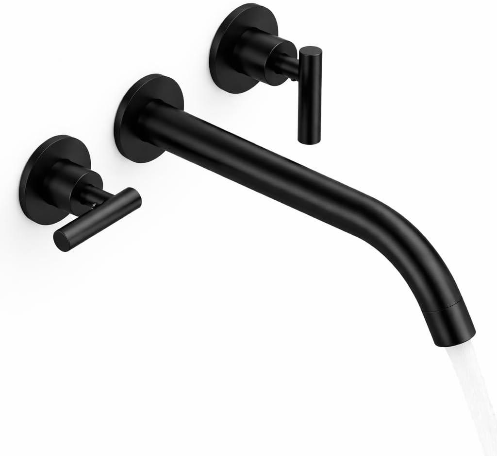 Matte Black Wall-Mount Bathtub Tub Filler, Solid Brass High-Flow Wall-Mount Tub Spout with 2 Handles, Long Spout Reach, for Filling Bathtubs
