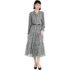 Women's Vintage Floral Print Long Sleeve Dress with Lace Collar and V-Neck Design Mid-Length A-Line Dress M