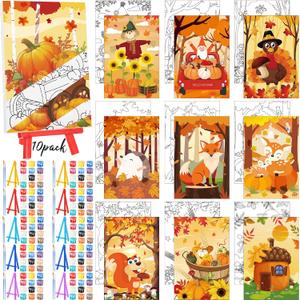 Blosssound 10 Set Fall Thanksgiving Pre Printed Canvas Autumn Pre Drawn Canvas Painting with Easel Kits 5" x 7" Outline Painting Panels for Beginners, DIY Craft Project, Party Favor, Home Decors