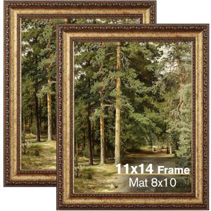 11x14 Gold Picture Frame, 2 Pack Ornate Vintage Picture Frames for Wall or Tabletop Display, 11 x 14 Photo Frame Gold with Real Glass, Display Poster 8x10 with Mat or 11x14 without Mat for Antique Déco
