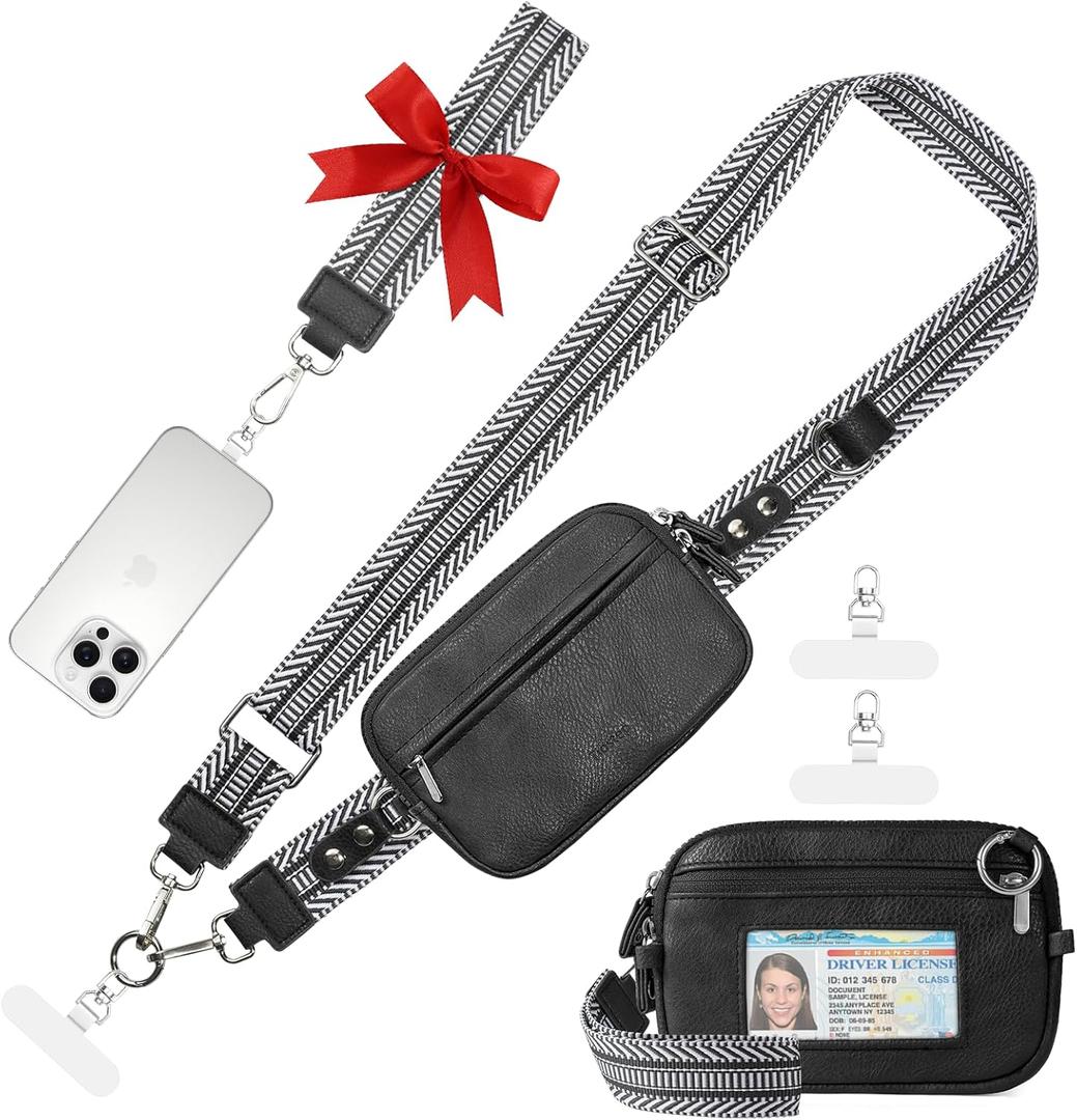 Tiostep Clip and Go Strap for Phone with Wallet Crossbody Phone Lanyard Adjustable and Anti-Theft Leather Purse with RFID Zipper Pouch for Travel Daily Life. Black Medium