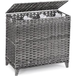 Laundry Hamper with 3 Removable Liner Bags; 132L Handwoven Rattan Laundry Basket with Lid & Heightened Feet; Clothes Hamper with Side Handles; Laundry Sorter with 3 Separate Sections (Gray) (132L (25.98x13x26.57 Inches))