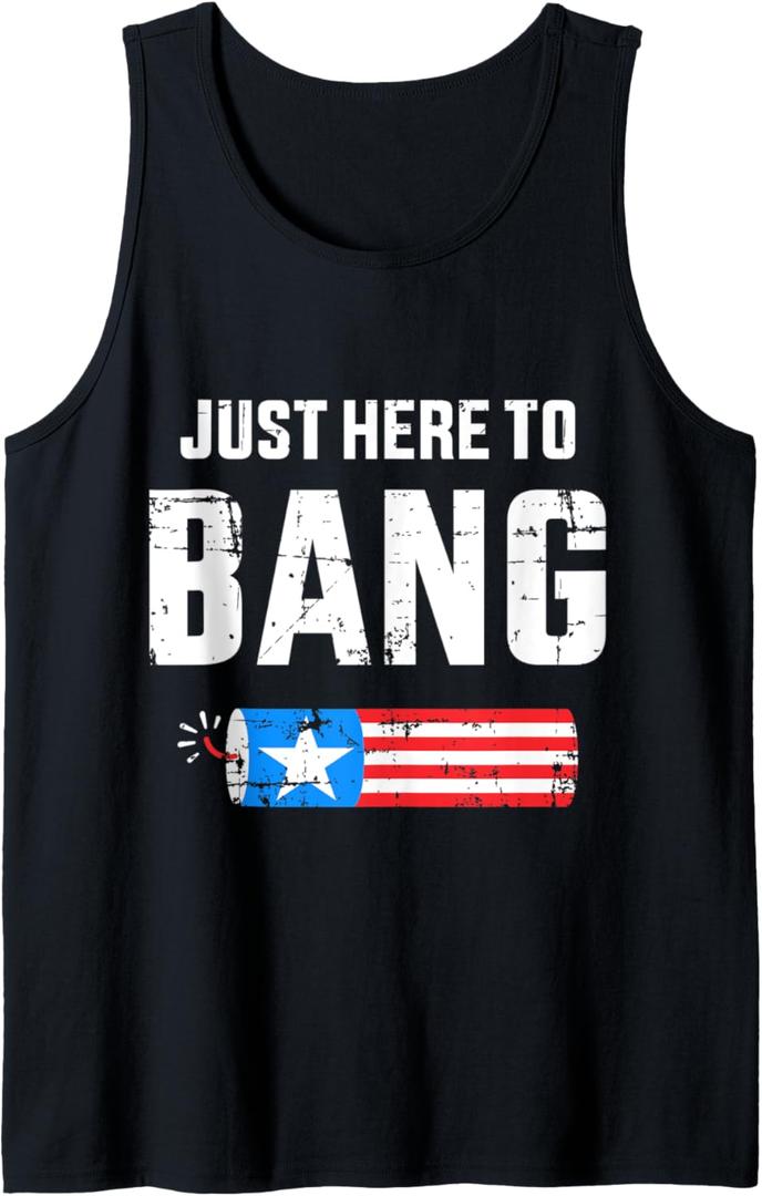 Funny 4th of July just here to bang with firecracker Tank Top (Small, Black)