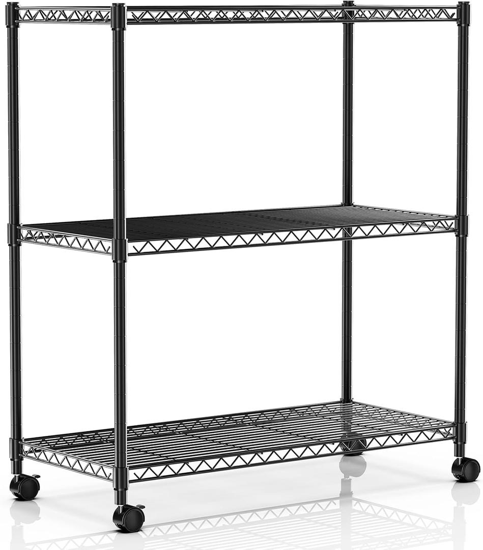 Simple Deluxe Shelving Unit - 3 Tier Shelf for Garage Storage, Black, 24.02" W x 13.78" D x 29.92" H, 750 Lbs Capacity, Adjustable Shelves, Leveling Feet, Caster Wheels for Easy Mobility,Black