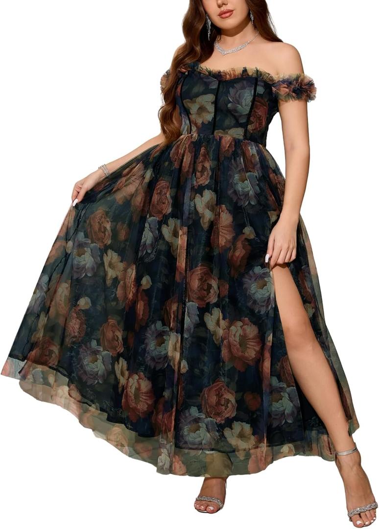Plus Size Cocktail Dresses for Curvy Women: Tea Party Dresses for Woman - Milkmaid Dress Plus Size - Elegant Dress for Gala - Floral Formal Gown
