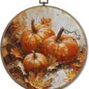 FUGWN Fall Pumpkin Maple Leaf Round Wall Art Decor Framed, Rustic Farmhouse Autumn Harvest Canvas Artwork Prints, Fall Pumpkin Wall Hanging Decorations for Home Bedroom Living Room, 10x10 Inch