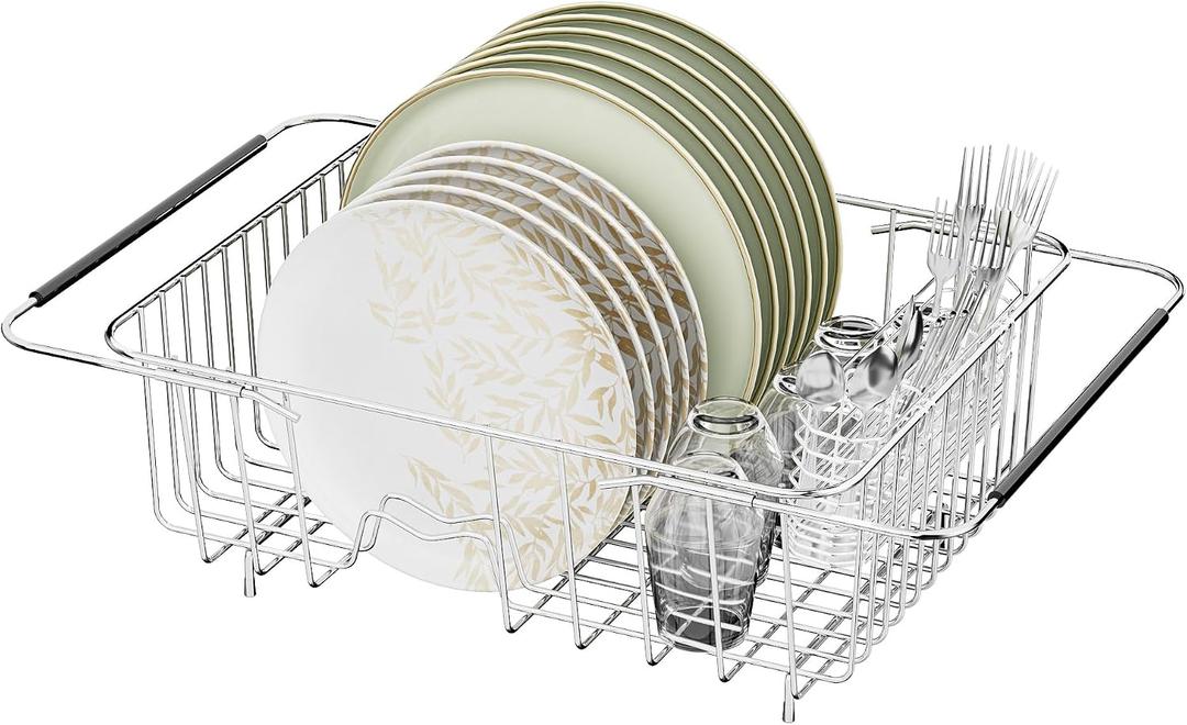 JAQ Over Sink Dish Drying Rack for Medium to Large Sink, Expandable 15.08"22.4", Adjustable 304 Stainless Steel Dish Drainer with Utensil Holder, Large Capacity Holds Up to 13 Plates