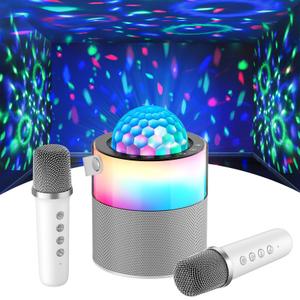 MOMOHO Karaoke Machine with Disco LED Lights, Mini Portable Bluetooth Speaker with 2 Wireless Microphones for Kids Adults, Birthday Gifts for Girls Boys Family Parties Travel (White)