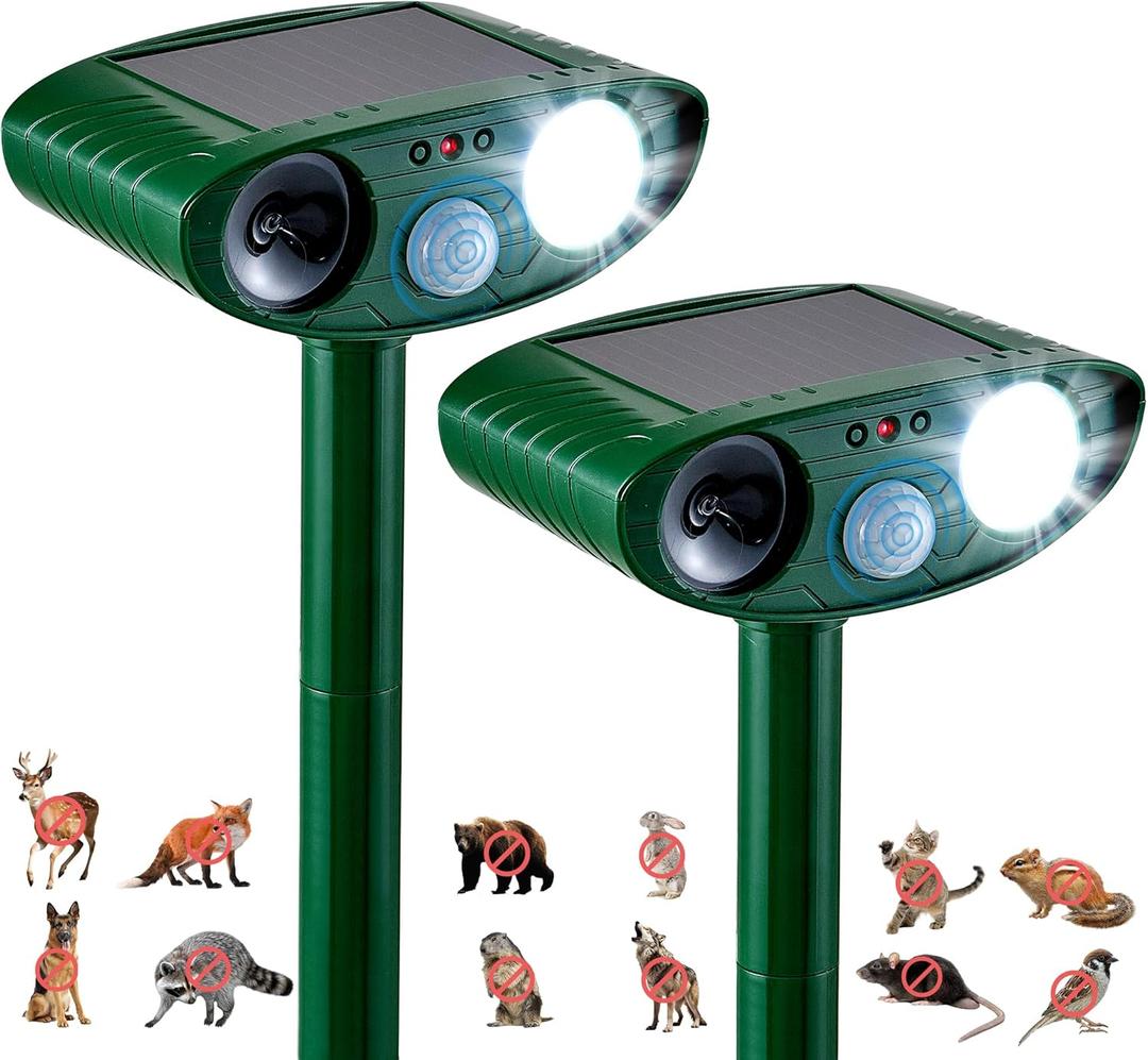 2 Pack Solar Animal Repeller for Raccoons, Deer & Squirrels - Ultrasonic & Strobe Light, Outdoor Deterrent for Cats, Dogs, Raccoons, Rabbits, Skunks, Foxes & More