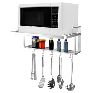 QWORK Microwave Oven Rack Shelf, Wall Mount Electric Oven Holders, Aluminum Double-Layer Microwave & Spice Rack, 2 Shelves with 10 Hooks, Support Load 88lbs, 21.65"x15"x9.84"