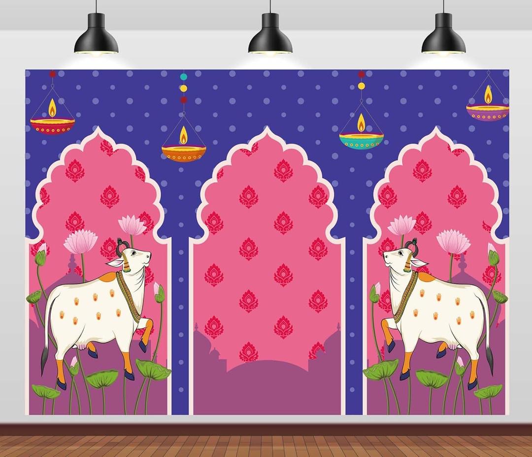 BELECO 7x5ft Fabric Indian Backdrop Lotus Flowers Cows Pooja Pichwai Background for Traditional Indian Pooja Wedding Housewarming Diwali Ganapati Festival Party Decorations Banner Photo Props
