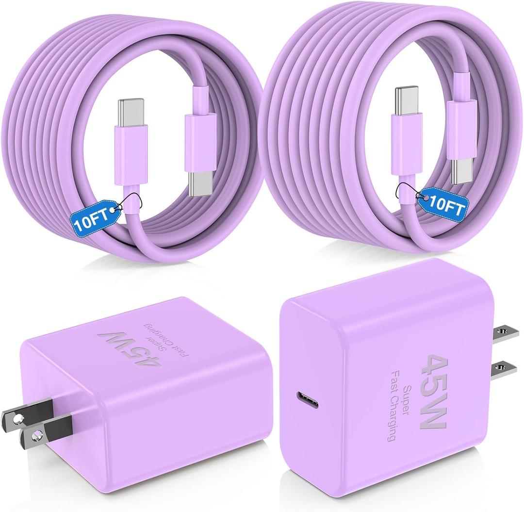 45W USB C Fast Charger for iPhone 17/ Air/16/15 Pro Max,2Pack 10FT Type C Charger Block & Cable, PD 3.0 Super Fast Charging for iPad Pro MacBook Air/Pro M1/M2, AirPods-Purple