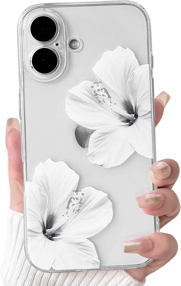 NITITOP Compatible with iPhone 16 Plus Case Clear Cute Hibiscus Flower Floral Pattern for Women Girls Full Camera Lens Slim Shockproof Protective Phone Cover - White