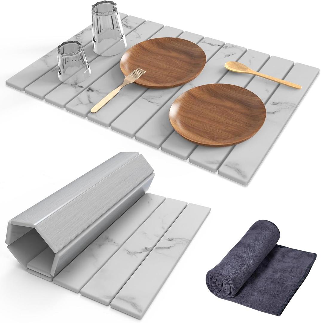 Stone Dish Drying Mat for Kitchen Counter, 4"(L)×16"(W) Collapsible Fast-Drying Diatomaceous Earth Mats with Towel Sanding Tool, Versatile Stone Drying Mats for Cups Dishes Bottles