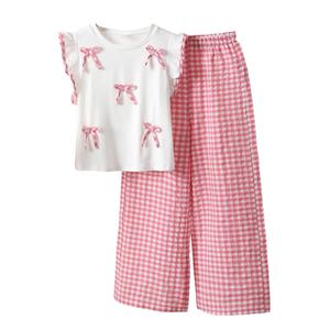 WDIRARA Girl's Plaid Gingham Outfit 2 Piece Bow Cap Sleeve Tee Wide Leg Pants Set Cute Clothing Sets Pink 9Y (Red, M)
