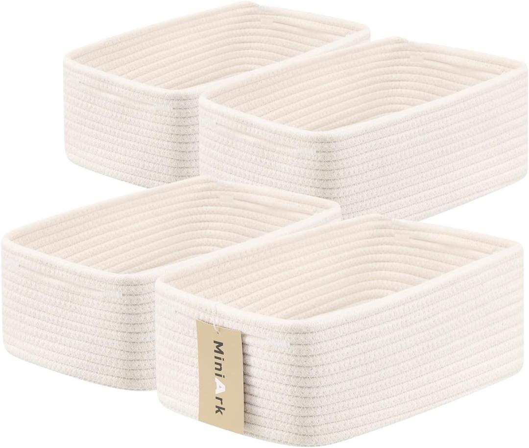 Small Storage Baskets for Organizing | Closet Organizer Bins | Shelf Toy Basket | Woven Rope Baskets | Cube Decorative Box | Shallow Basket | 13x8.5x5.1 | 4 Packs Off White