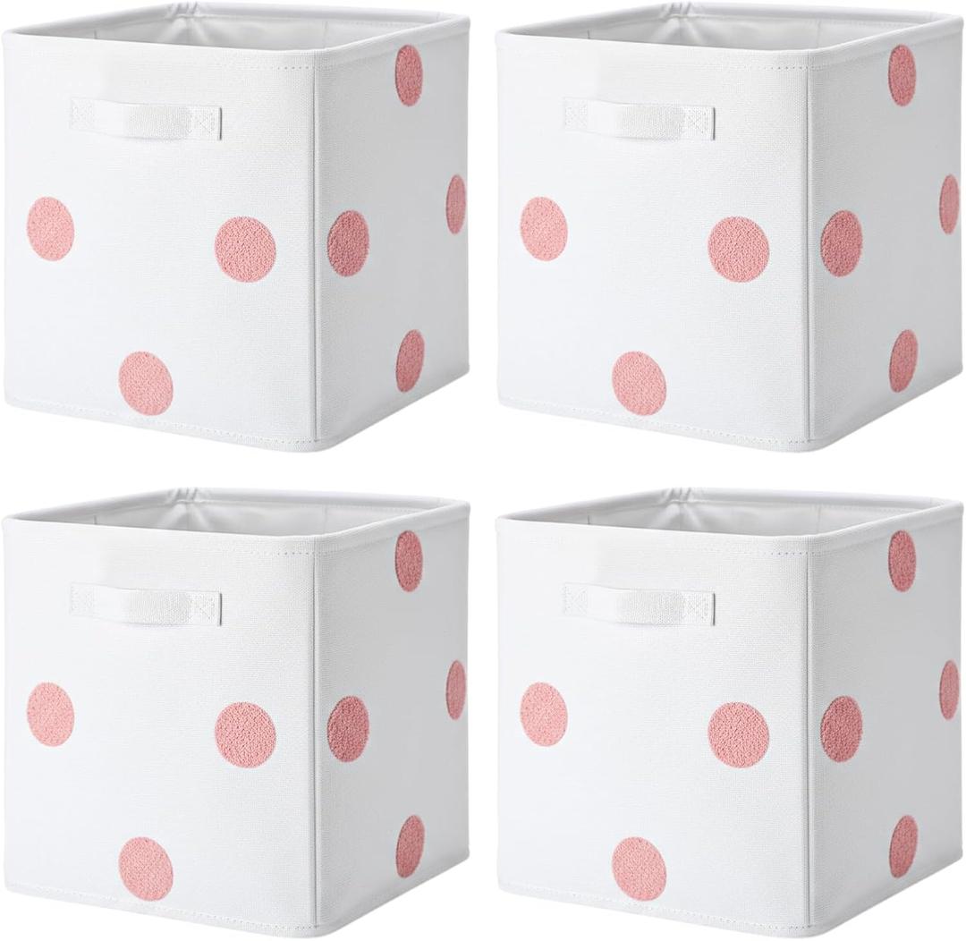 4 Pack Dot Cube Storage Bins Foldable Pink Cube Bins with Handles Fabric Square Storage Organizer Basket Decorative Collapsible Organizer for Closet Cabinet Shelf Nursery Office