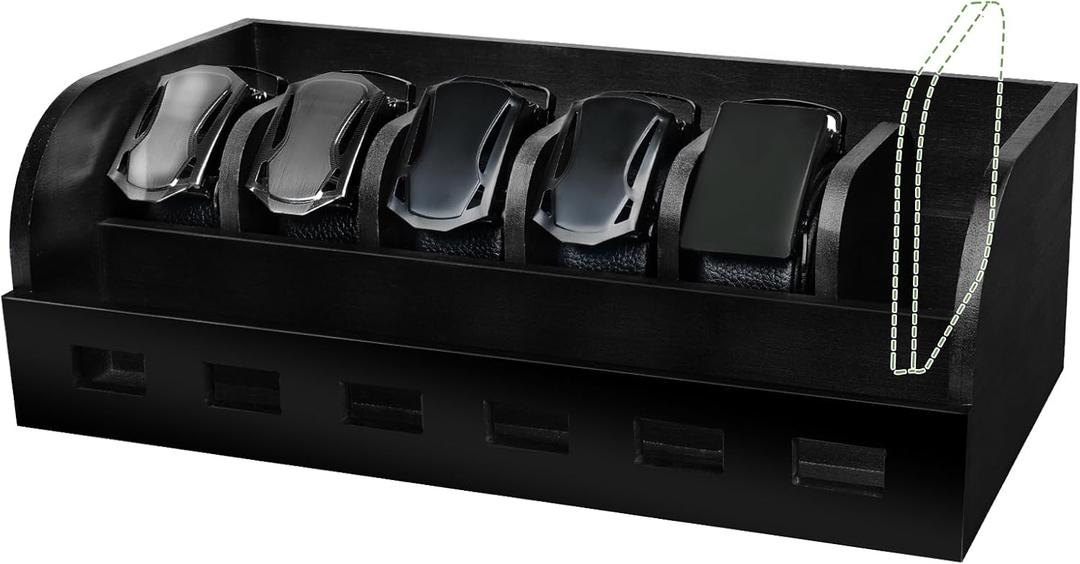 Large Adjustable Bamboo Belt Organizer Box, 6 Grids Belt Rack, Belt Organizer for Closet Shelf and Drawer, Tie and Belt Storage Organizer Wall Mount and Displayer for Men Women Father Day (Black)