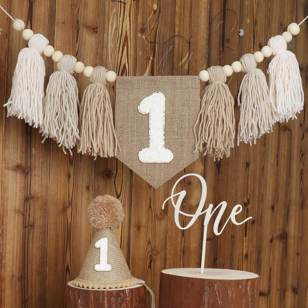 1st Birthday Decorations Boys High Chair Banner With One Cake Topper Brown Conical Hat For First Party